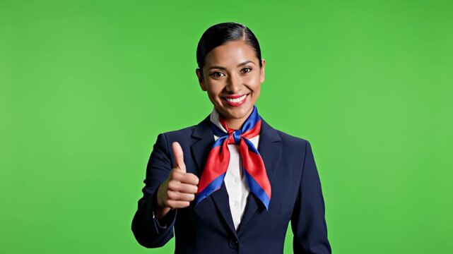 Friendly Flight Attendant Gesturing Thumbs Up Against Green Screen Background Footage
