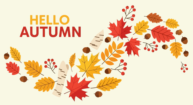Hello Autumn Colorful Leaves and Berries in a Festive Fall Vector Design