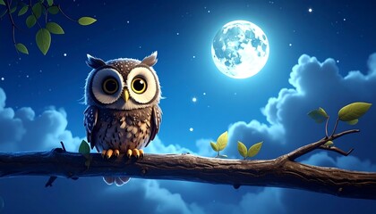 Whimsical Owl Perched on Branch Under Moonlight.