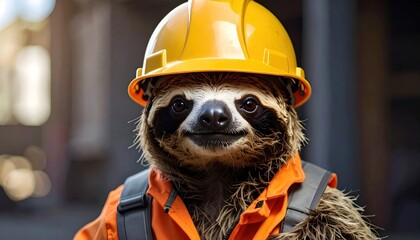 Naklejka premium Sloth worker in hard hat.