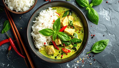Savory Green Curry Chicken With Fluffy White Rice And Fresh Basil Garnished With Red Chili Peppers And Peppercorns On A Dark Stone Background