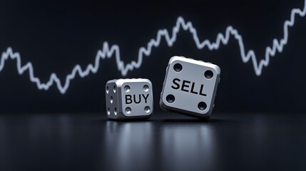 Buy or sell stock market investment strategy with dice and stock chart showing potential gains in a modern finance concept for business success
