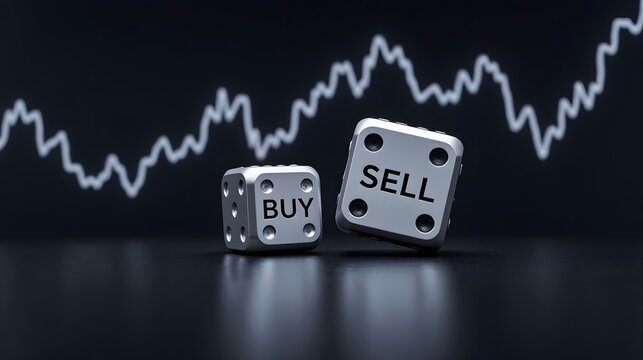 Buy or sell stock market investment strategy with dice and stock chart showing potential gains in a modern finance concept for business success