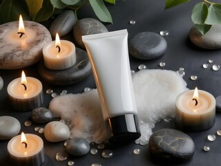 Indulge in luxurious self-care with this soothing spa scene featuring a blank cosmetic tube, calming candles, and smooth stones for elegant wellness promotions
