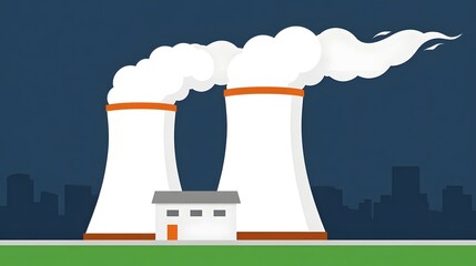 Modern nuclear power plant illustration generating clean energy for the future with city skyline in background showing a commitment to sustainability