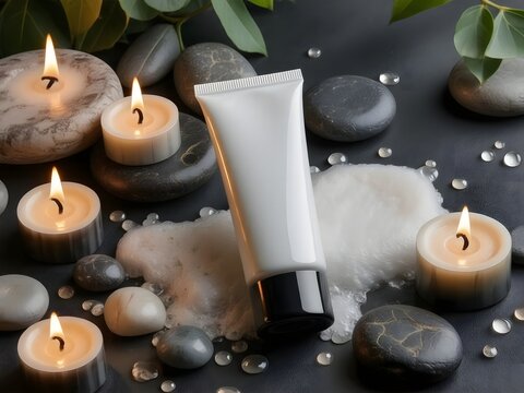 Indulge in luxurious self-care with this soothing spa scene featuring a blank cosmetic tube, calming candles, and smooth stones for elegant wellness promotions