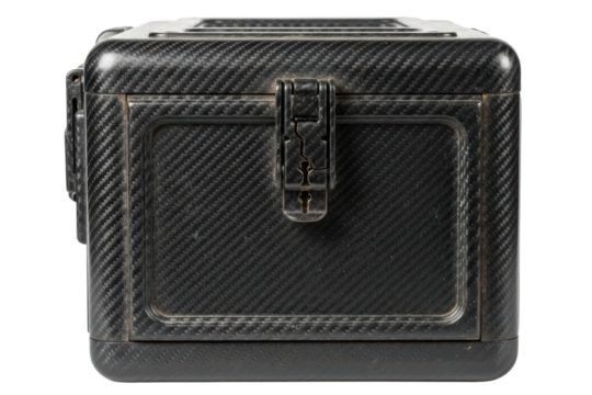 Durable black equipment case with a carbon fiber pattern texture isolated on transparent background