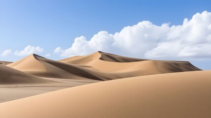 Breathtaking sand dunes under a bright blue sky with puffy white clouds create a sense of adventure and freedom, perfect for travel and exploration projects