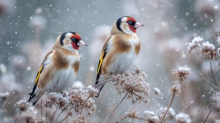 Obraz premium Two European goldfinches perched on frost-covered thistles during gentle snowfall, detailed feathers and golden wing bars in soft diffused winter light, serene and photorealistic wildlife scene