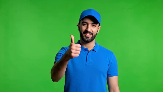 Positive Approval Delivery Guy with Blue Outfit Giving Thumbs Up on a Green Background