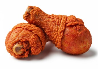 Two crispy fried chicken drumsticks isolated on white background