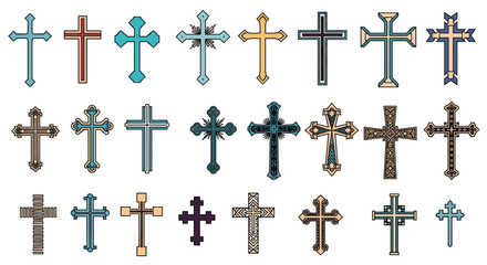 Fototapeta premium Diverse collection of decorative Christian cross designs, showcasing various shapes, colors, and intricate patterns, isolated on white.