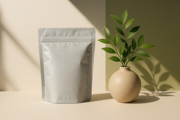 Product Package Mockup: A sleek, modern product package, ready for branding, sits beside a decorative vase holding fresh, verdant leaves. The scene is illuminated by gentle light. 