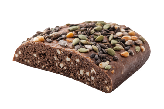 Slice of dark seed bread with pumpkin, sunflower, and sesame seeds isolated on transparent background the bread has a dense texture and a rich, nutty flavor profile