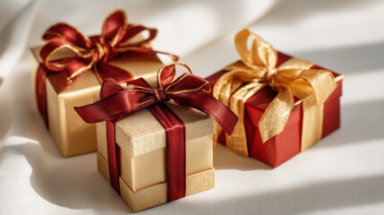 Obraz premium Close-up of elegant luxury Christmas gift boxes wrapped in gold and red paper with satin ribbons, placed on white minimal background with soft shadows, festive and stylish composition