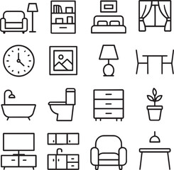 Vector monochrome line icon set about home interior