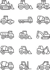 Vector monochrome line icon set about heavy vehicles