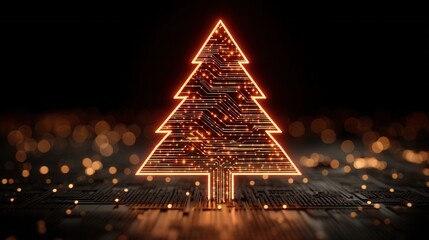 christmas technology Digital Christmas tree with glowing circuits and festive bokeh background.