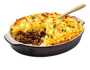 Shepherd's Pie with ground beef, potato and cheese isolated on transparent png