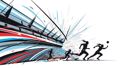 Dynamic abstract illustration of athletes in motion, combining speed and energy in a modern sports design with a stadium background.