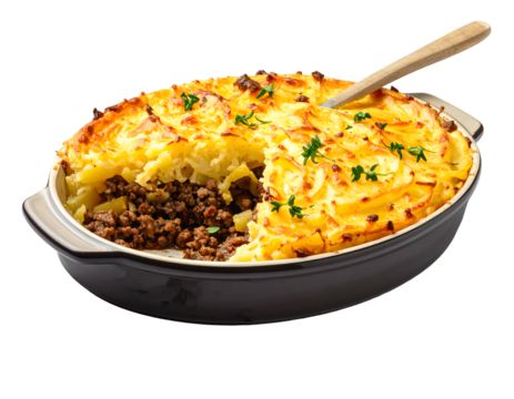 Shepherd's Pie with ground beef, potato and cheese isolated on transparent png