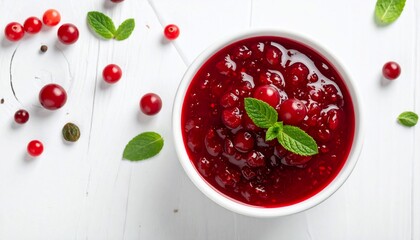 Vibrant cranberry sauce with mint garnish in a white bowl on a textured wooden background