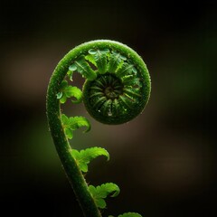 Vibrant green fern frond unfurls in a tight spiral against a dark background