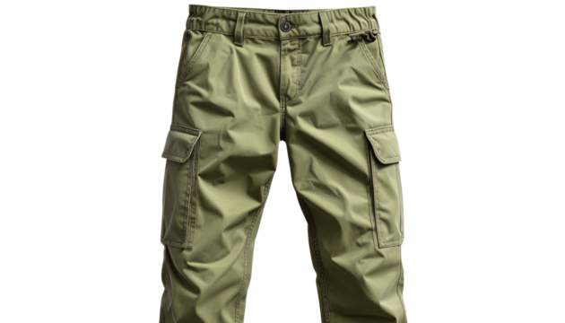 utility cargo pants with multiple pockets, soft olive green fabric, adjustable waist, isolated on transparent background, PNG format