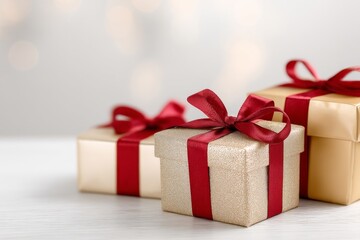 Close-up of elegant luxury Christmas gift boxes wrapped in gold and red paper with satin ribbons, placed on white minimal background with soft shadows, festive and stylish composition