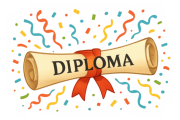 Diploma scroll tied with a red ribbon, featuring diploma text, surrounded by colorful flying confetti and streamers, representing graduation success