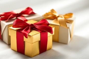 Obraz premium Close-up of elegant luxury Christmas gift boxes wrapped in gold and red paper with satin ribbons, placed on white minimal background with soft shadows, festive and stylish composition