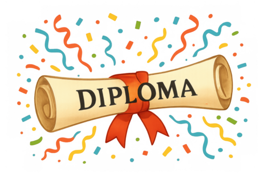 Diploma scroll tied with a red ribbon, featuring diploma text, surrounded by colorful flying confetti and streamers, representing graduation success - Powered by Adobe