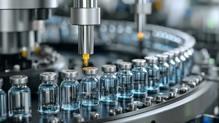 A bright and clean image of precision machinery in a pharmaceutical factory, with numerous ampoules in various stages of processing