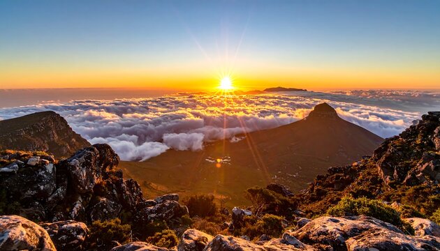 A majestic sunrise casts golden hues over mountain peaks and fluffy clouds, illuminating the landscape. The sun?s light spreads warmly