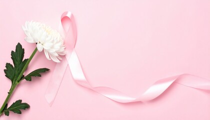 Breast cancer awareness concept with flower and pink ribbon on a pastel pink background