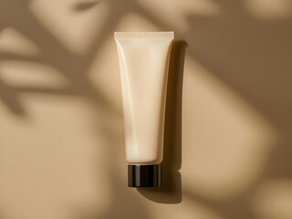 Elegant skincare tube on neutral backdrop with leaf shadows for beauty and wellness promotions, perfect for modern cosmetic brands seeking a natural aesthetic