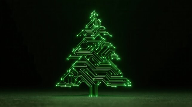 christmas technology Digital Christmas tree made of circuit patterns glowing in green.