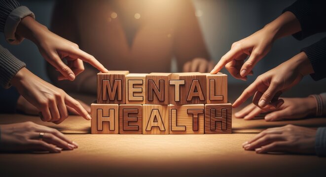 Collaborative Hands Assemble mental Health Blocks, Promoting Awareness - Powered by Adobe