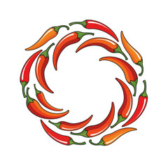 Vibrant chili peppers arranged in a circular pattern, artistic food design.