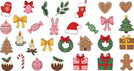 A festive collection of Christmas elements including gingerbread cookies ornaments candy canes presents stockings and festive treats