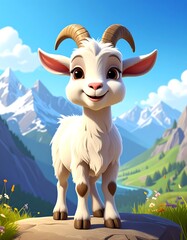 Charming Cartoon Goat Portrait in a Mountain Landscape.