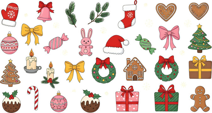 A festive collection of Christmas elements including gingerbread cookies ornaments candy canes presents stockings and festive treats