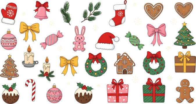 A festive collection of Christmas elements including gingerbread cookies ornaments candy canes presents stockings and festive treats