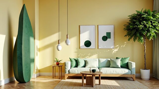 Bright and Modern Living Room Interior with Green Sofa, Indoor Tree, and Geometric Wall Art Complementing Natural Light and Warm Yellow Walls