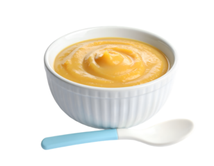 Tasty baby food in bowl with spoon isolated on transparent png