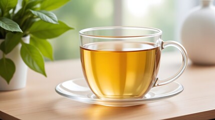 Enjoy a moment of tranquility with golden herbal tea in a clear glass mug, perfect for mindful relaxation and a healthy lifestyle break