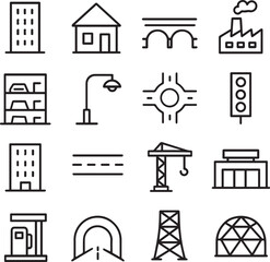 Vector monochrome line icon set about infrastructure