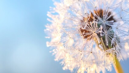 Close Up Macro Shot Of A Dandelion Seed Head Covered In Tiny Water Droplets Sparkling In The Morning Sun Against A Soft Blue Sky