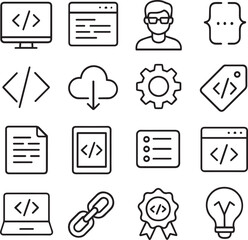 Vector monochrome line icon set about programming