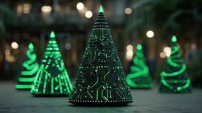 christmas technology Digital Christmas trees illuminated with neon green lights and circuit patterns. - Powered by Adobe